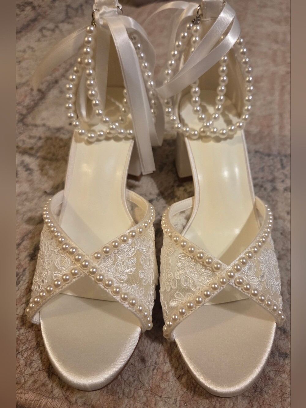 NWT Ivory Pearl Lace Bridal Heels Size 8 | Wedding Shoes | Block Heel - Picture 6 of 9